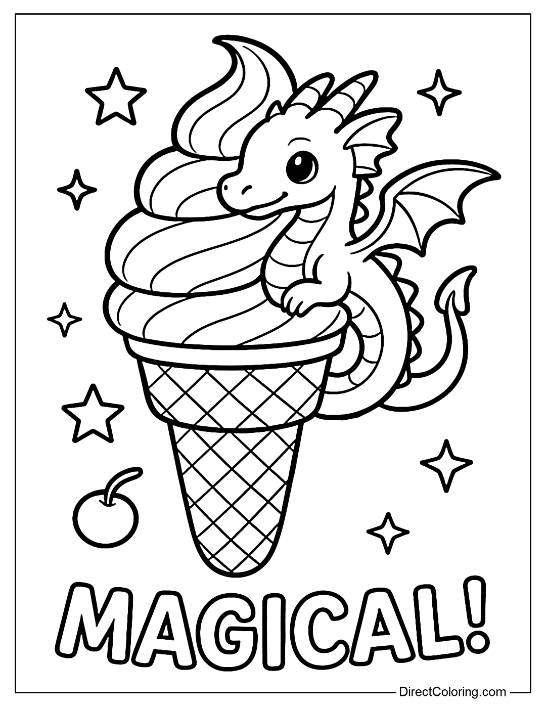 a cone ice cream coloring page with a small dragon head sticking out, small wings, and a curled tail